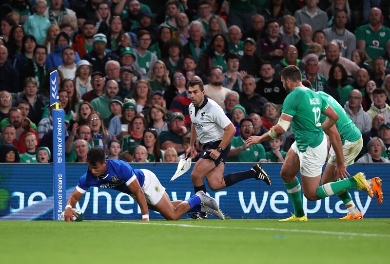 Italy's Lorenzo Pani scores a try against Ireland during the 2023 Six Nations match at the Aviva Stadium. Photograph: Bryan Keane/Inpho