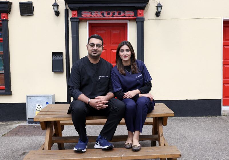 Dr Omair Latif Naz and Dr Amara Anwar on the main street of Clonaslee village in Co Laois.  Photograph: Laura Hutton