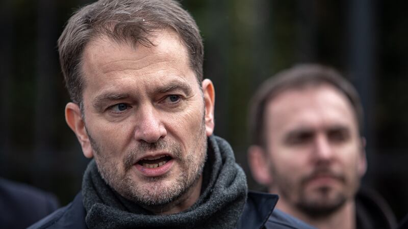 Leader of the Olano party Igor Matovic talks to media in front of the government office building in Bratislava on Friday. Photograph:  Martin Divisek/EPA
