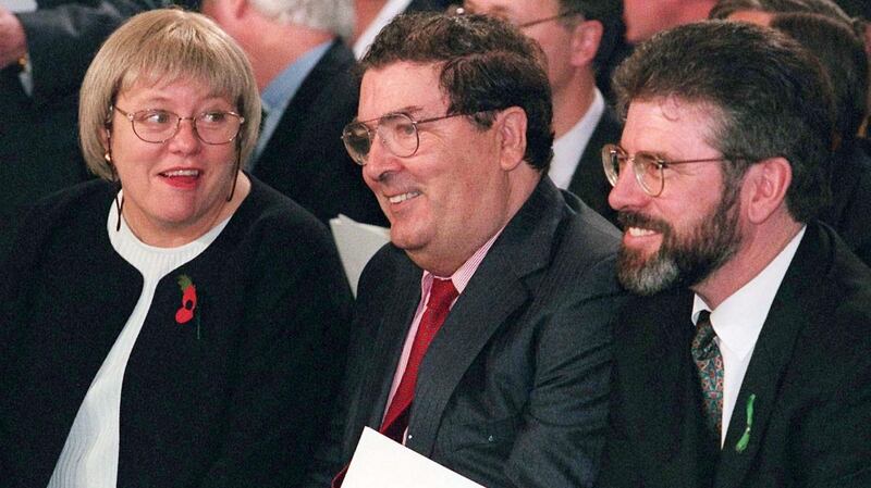 The then secretary of state for Northern Ireland Mo Mowlam with SDLP leader John Hume and Sinn Féin president Gerry Adams at the inauguration of  President Mary McAleese in Dublin.  Photograph: Brian Little / PA