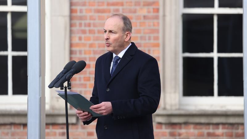 An Taoiseach, Micheál Martin, speaks at the State commemoration to mark  the handover of Dublin Castle by British forces 100 years ago. Photograph: Dara Mac Dónaill
