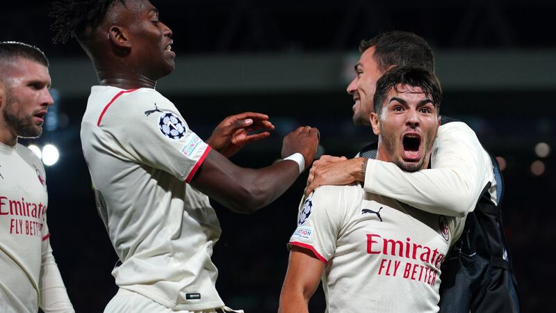 AC Milan’s Brahim Diaz celebrates scoring their  second goal  during the Champions League Group B matchagainst Liverpool  at Anfield. Photograph: Peter Byrne/PA Wire