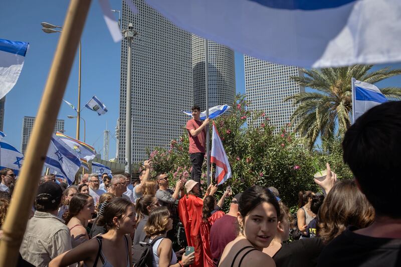 Protests in Tel Aviv on Monday against prime minister Binyamin Netanyahu's divisive judicial reforms. Photograph: Amit Elkayam/The New York Times
                      