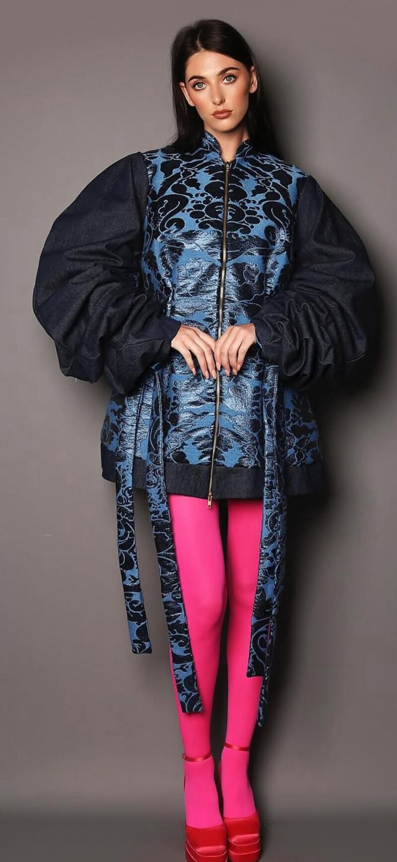 Blue and black zipped dress with contrasting bell sleeves by Lily Davis McGrath of April Lily