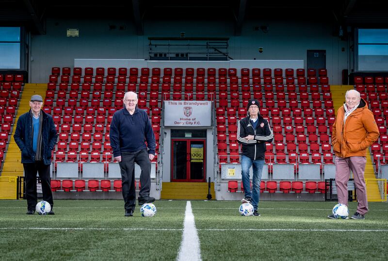 Gang of Four: Derry City stalwarts Tony O’Doherty, Terry Harkin, Eamonn McLaughlin and Eddie Mahon at the Brandywell. Photograph: Stephen Latimer/BBC NI