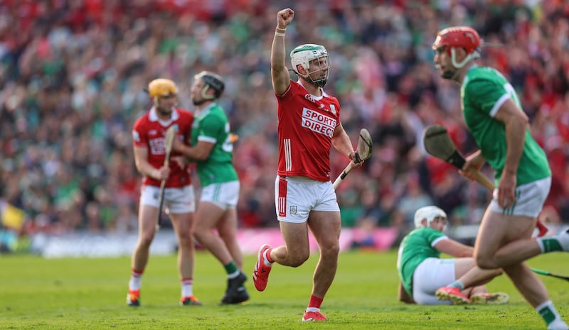 Cork's Shane Kingston celebrates a score during the Munster final against Limerick. Photograph: James Crombie/Inpho