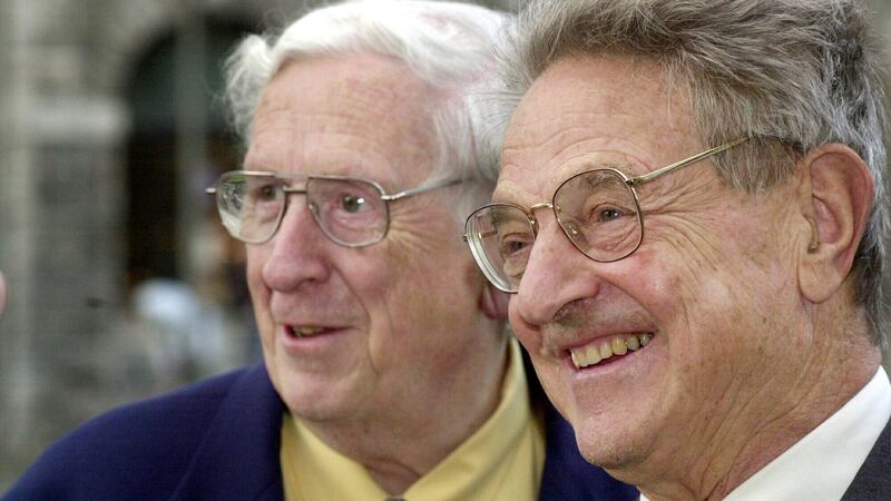 George Soros with  Garret Fitzgerald at Trinity College in March 2004. Photograph: Cyril Byrne