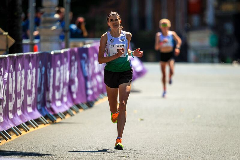 Nakita Burke from Moneygal comes across the line in first place at  34.25. Photograph: Morgan Treacy/©INPHO