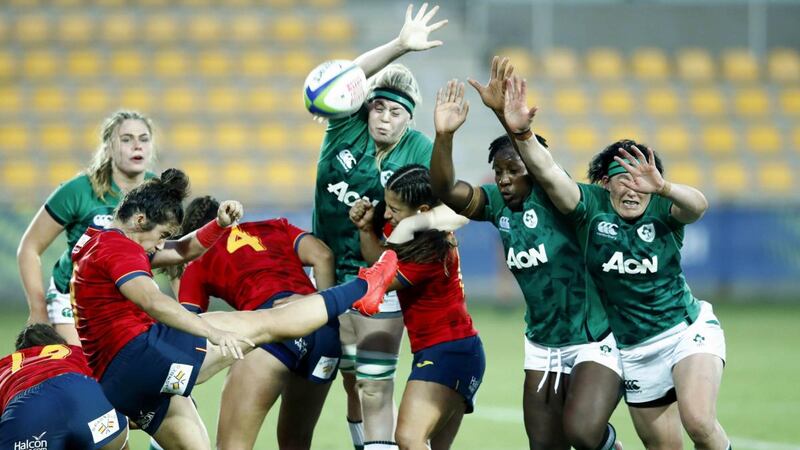 Ireland’s Sam Monaghan, Linda Djougang and Lindsay Peat try to clock the kick of Spain’s  Patricia Garcia during the Rugby World Cup European Qualifying Tournament at Stadio Sergio Lanfranchi in Parma. Photograph:  Matteo Ciambelli/Inpho