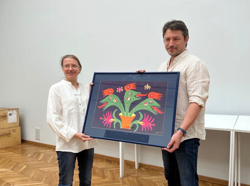 The Serhiy Prytula Foundation raised $500,000 in May by auctioning a painting by noted Ukrainian artist Maria Prymachenko, many of whose works were destroyed during Russia's occupation of the Ivankiv region north of Kyiv. The money paid for 125 minibuses for the military. Photograph: Courtesy of Serhiy Prytula Foundation