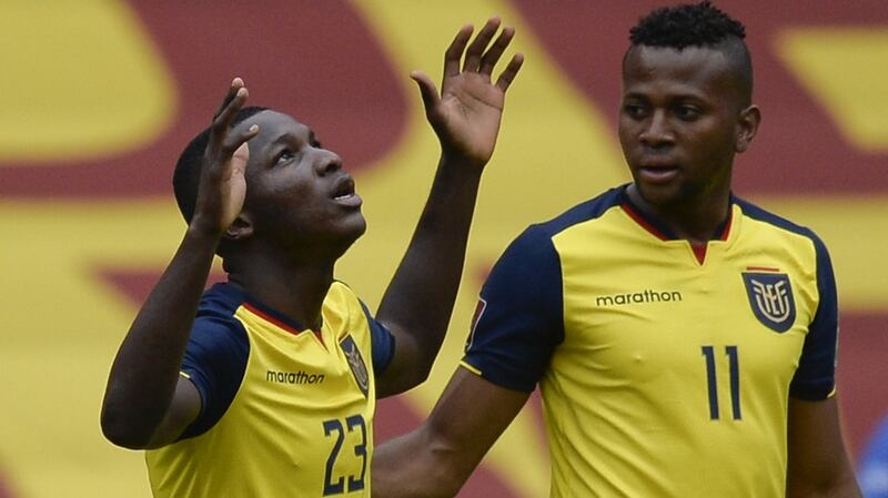 Ecuador’s Moises Caicedo (left) celebrates after scoring against Uruguay during their 2022 World Cup qualifier in October. Photograph: Rodrigo Buendia /AFP via Getty Images