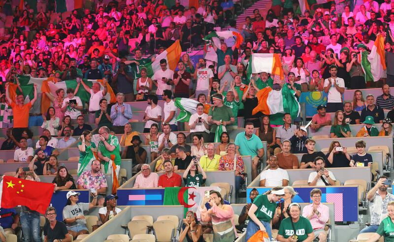 Irish fans show their support as Kellie Harrington competes in the women's 60kg final. Photograph: Richard Pelham/Getty