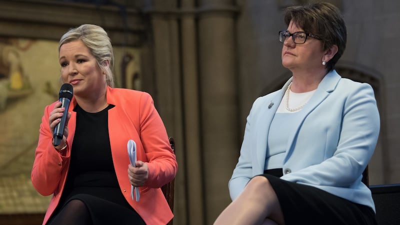Sinn Féin leader Michelle O’Neill (l) and Democratic Unionist Party (DUP) leader Arlene Foster (r). File photograph: Carl Court/Getty Images