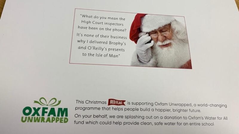 The back of Red Flag’s Christmas card alludes to Karl Brophy and Gavin O’Reilly as members of the so-called INM19 whose data was allegedly breached at the publishing group.
