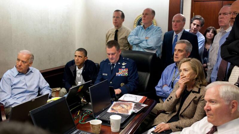 Memorable scene of White House situation room where president Barack Obama and vice-president Joe Biden, along with secretary of state Hillary Clinton and members of the national security team receive an update on the mission against Osama bin Laden on  May 1st, 2011. Photograph: Pete Souza/Reuters