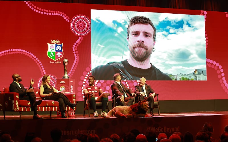 Ireland winger Mack Hansen on the big screen after he was named in the Lions squad in London. Photograph: Dan Sheridan/Inpho
