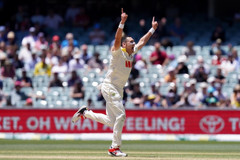 Australia's Scott Boland celebrates taking the wicket of England’s Josh Tongue to win the Ashes at the Adelaide Oval, Australia. Photograph: Stephenson/PA Wire