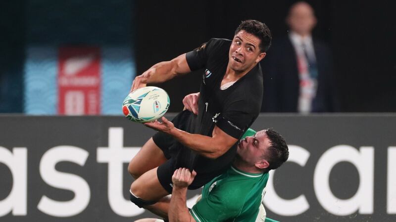 New Zealand’s  Anton Lienert-Brown looks to offload as he is tackled by  Ireland’s James Ryan during the Rugby World Cup quarter-final in Tokyo. Photograph: Billy Stickland/Inpho
