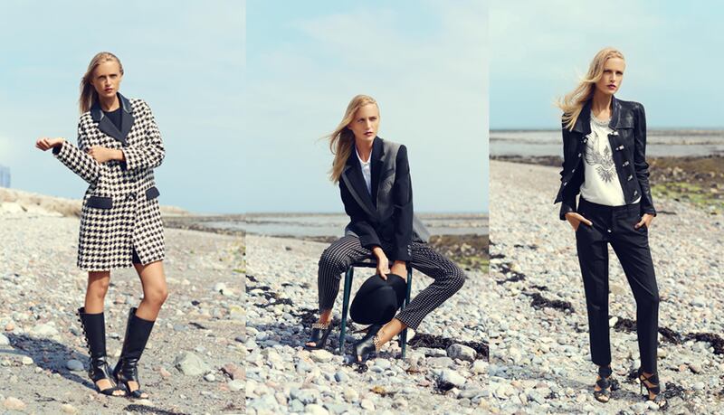 Left: Houndstooth coat, €995 Moschino Cheap and Chic at Brown Thomas; boots, €200 River Island.
Middle: Jacket, €795, trousers, €325, Moschino; shirt, €115 the Kooples at Brown Thomas; shoes, €80, hat, €29, River Island. 
Right: Black leather clip closure jacket, €605; high waited pinstripe trousers, €290, Marni; beaded T-shirt €290 Dries Van Noten at Brown Thomas; shoes, €87, River Island.