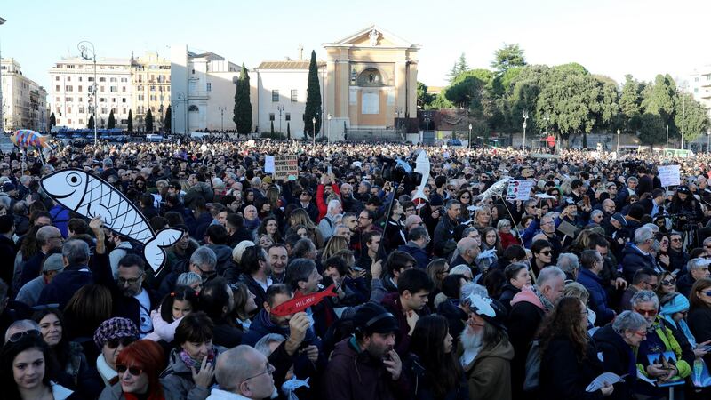 Demonstrators take part in a ‘sardines’ rally in  Rome, Italy. Photograph: Marco Di Lauro/Getty Images