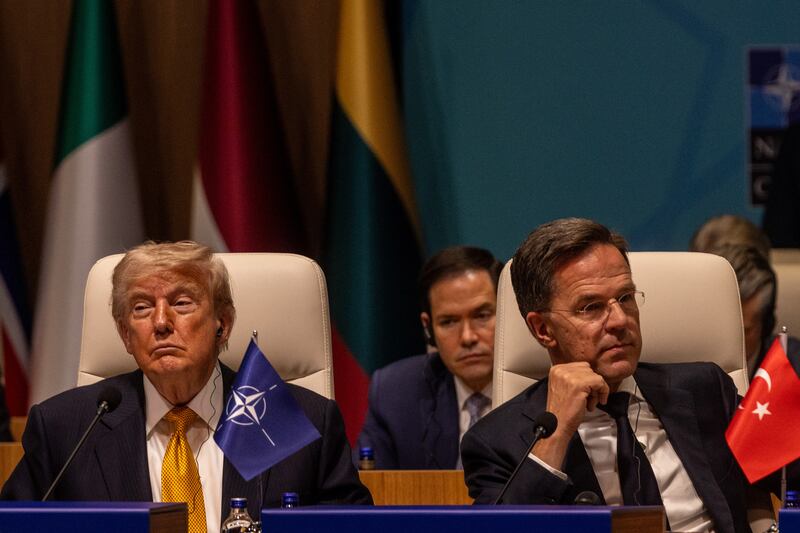 US president Donald Trump and Nato secretary general Mark Rutte attend the Nato summit in Ankara, Turkey. Photograph: Burak Kara/Getty Images