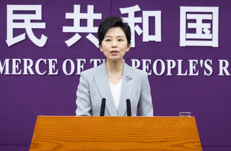 A spokeswoman of the Chinese Ministry of Commerce holds a press conference in Beijing. All goods imported to China from the United States are subject to a 'tariff of 84 per cent on the basis of the current applicable tariff rate', China said. Photograph: EPA