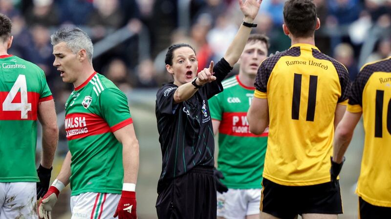 Referee Margaret Farrelly became the first woman to referee a senior men’s  county football final in the Cavan SFC replay. Photograph: John McVitty/Inpho