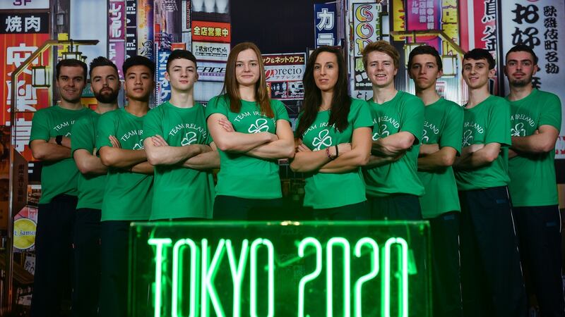 Athletes, from left, cyclist Mark Downey, hockey player Alan Sothern, badminton player Nhat Nguyen, gymnast Rhys McClenaghan, swimmer Mona McSharry, rower Denise Walsh, hockey player Kirk Shimnins, eventer Cathal Daniels, taekwondoin Jack Wooley and Clay target shooter Ian O’Sullivan. Photo: Ramsey Cardy/Sportsfile