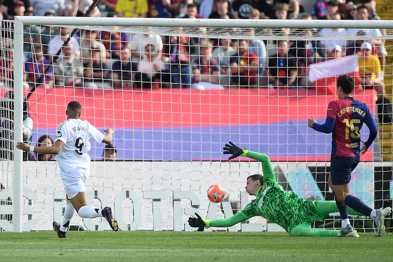 Kylian Mbappe scores his hat-trick for Real Madrid. Photograph: Josep Lago/AFP via Getty Images