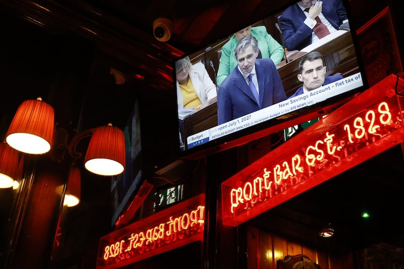 Television coverage of Minister for Finance Simon Harris delivering the budget. Photograph Nick Bradshaw/The Irish Times
