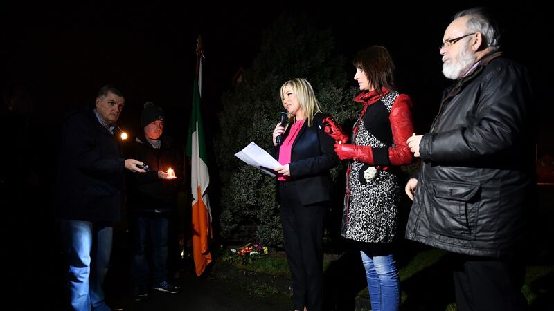 Sinn Féin’s leader in Northern Ireland Michelle O’Neill addresses attendees at a vigil in Clonoe in Co Tyrone. Photograph: Getty