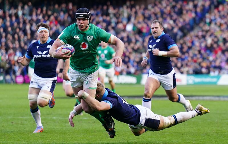 Irelands James Ryan on the charge at Murrayfield. Photograph: PA