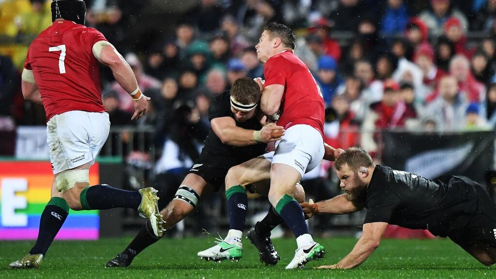 Sam Cane puts in a hit for the All Blacks against the Lions. Photo: Andrew Cornaga/Inpho