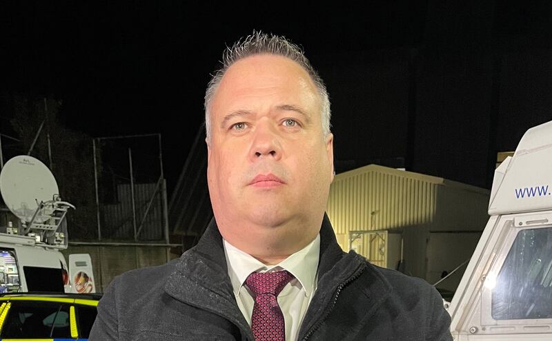 Detective Chief Inspector John Caldwell speaks to the media outside Lurgan PSNI station in relation to the killing of Natalie McNally. He was shot in Omagh on Wednesday night. Photograph: Jonathan McCambridge/PA