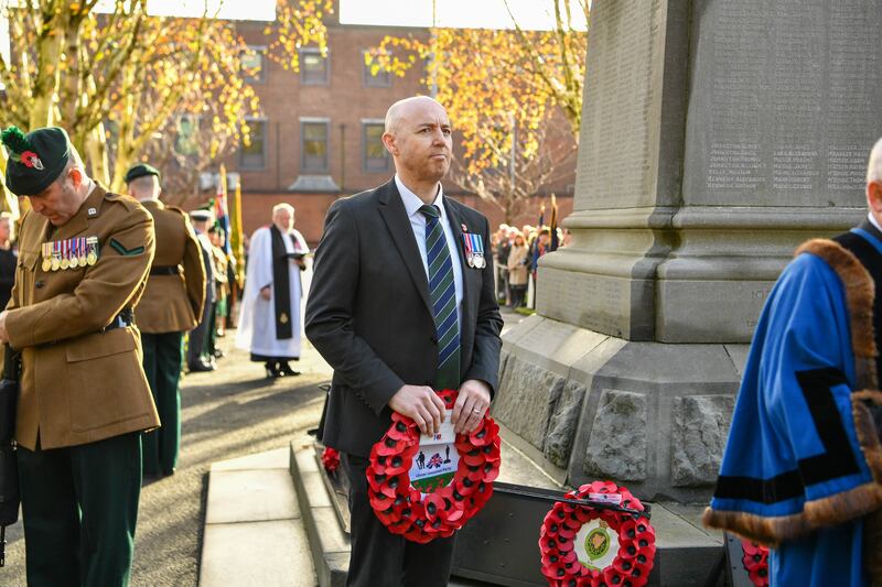 Jon Burrows lays a wreath on Remembrance Sunday last November at the Memorial Gardens, Ballymena.
Photograph: Andrew McCarroll/Pacemaker