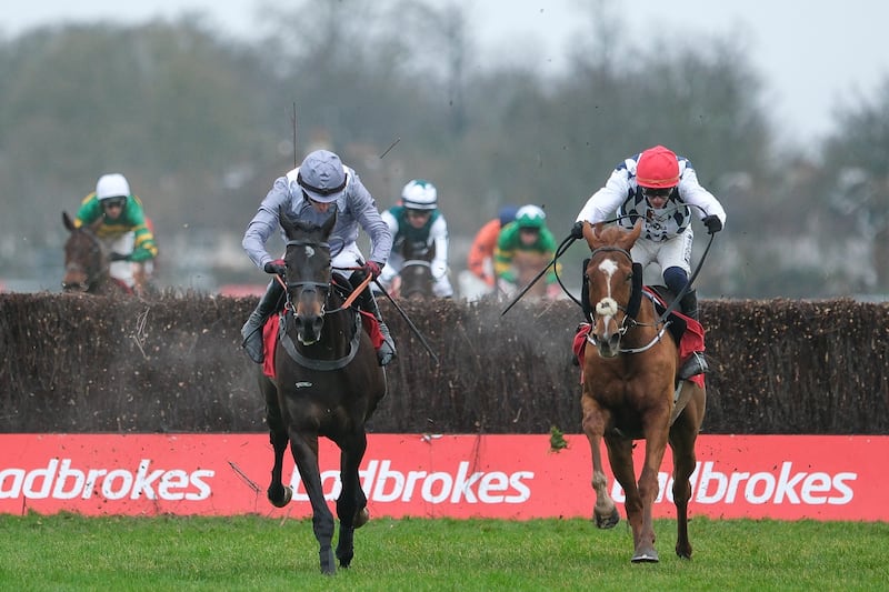Paul Townend riding Banbridge (right) clear the last to win The Ladbrokes King George VI Chase  from James Reveley and Il Est Francais (left) at Kempton Park in December 2024. Photograph: Alan Crowhurst/Getty Images