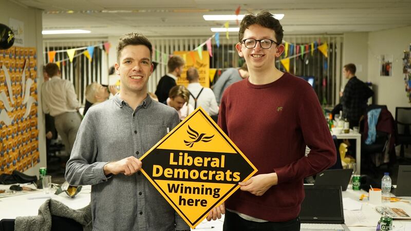 Liberal Democrat supporters  Conor Mohan and  Mark O’Brien O’Reilly, both from Ireland. Mohan said the election result showed that Labour leader Jeremy  Corbyn ‘really does not resonate with the working class’.  Photograph: Enda O’Dowd