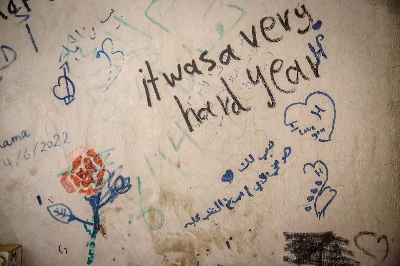 Graffiti on the wall of a distillery in Qaldoun Al Marah. Photograph: Sally Hayden
