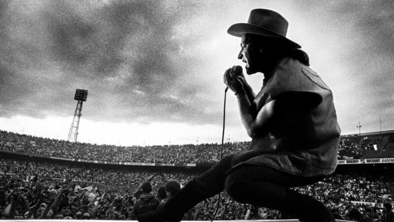 Sound stage: Bono on U2’s Joshua Tree tour in 1987; the album was produced by Daniel Lanois. Photograph: Lex van Rossen/MAI/Redferns/Getty