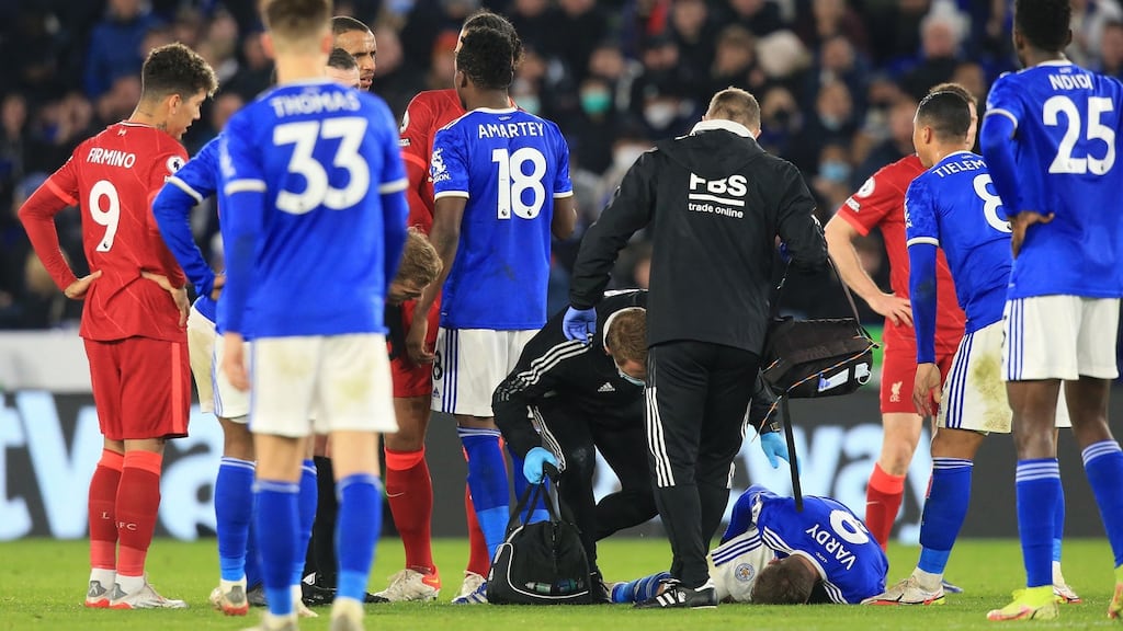 Leicester City’s Jamie Vardy receives medical treatment during the Premier League win over Liverpool. Photo: Lindsey Parnaby/AFP via Getty Images