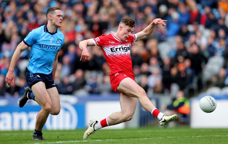Derry’s Eoin McEvoy scores his side's second goal during the victory over Dublin at Croke Park. Photograph: James Crombie/Inpho
