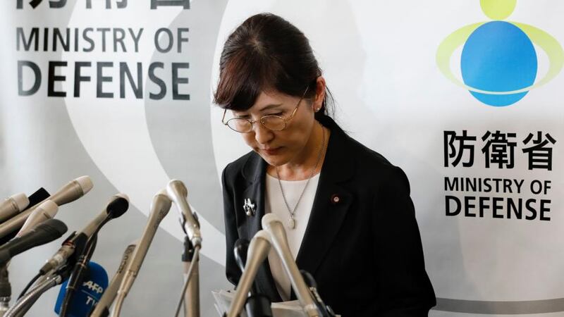 Japan’s defence minister Tomomi Inada bows after speaking to the media on Friday following her resignation. Photograph: Kimimasa Mayama/EPA