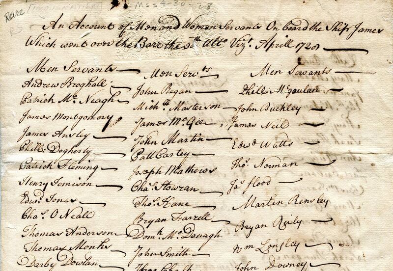 A manuscript list of men and women sailing to America on the ship James, departing on April 30th, 1728