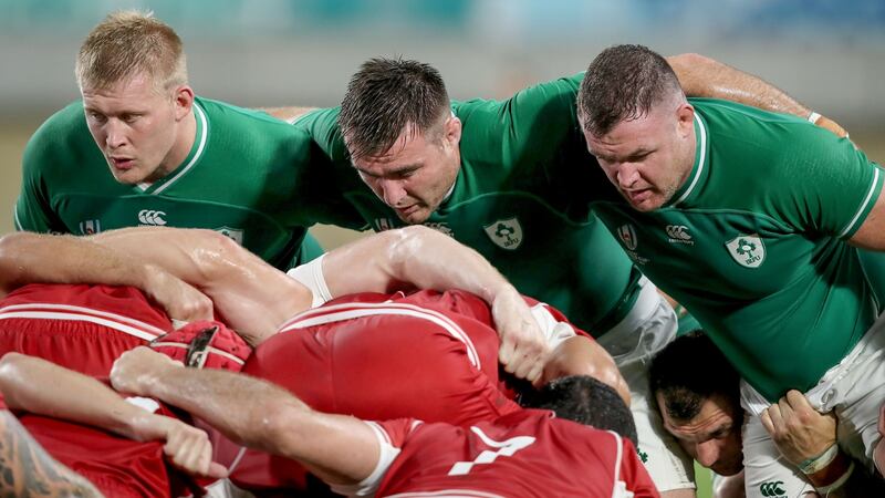 Ireland’s John Ryan, Niall Scannell and Dave Kilcoyne in their 2019 Rugby World Cup Pool A match against Russia in Kobe Misaki Stadium in  Japan. Photograph: Dan Sheridan/Inpho