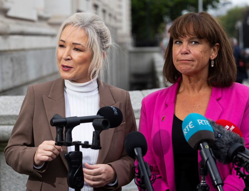 First Minister Michelle O’Neill and Sinn Féin Leader Mary Lou McDonald TD  speaking to the media outside Government Buildings, after  a meeting at Government Buildings regarding the situation in Portadown. Photograph: Sam Boal/Collins Photos 