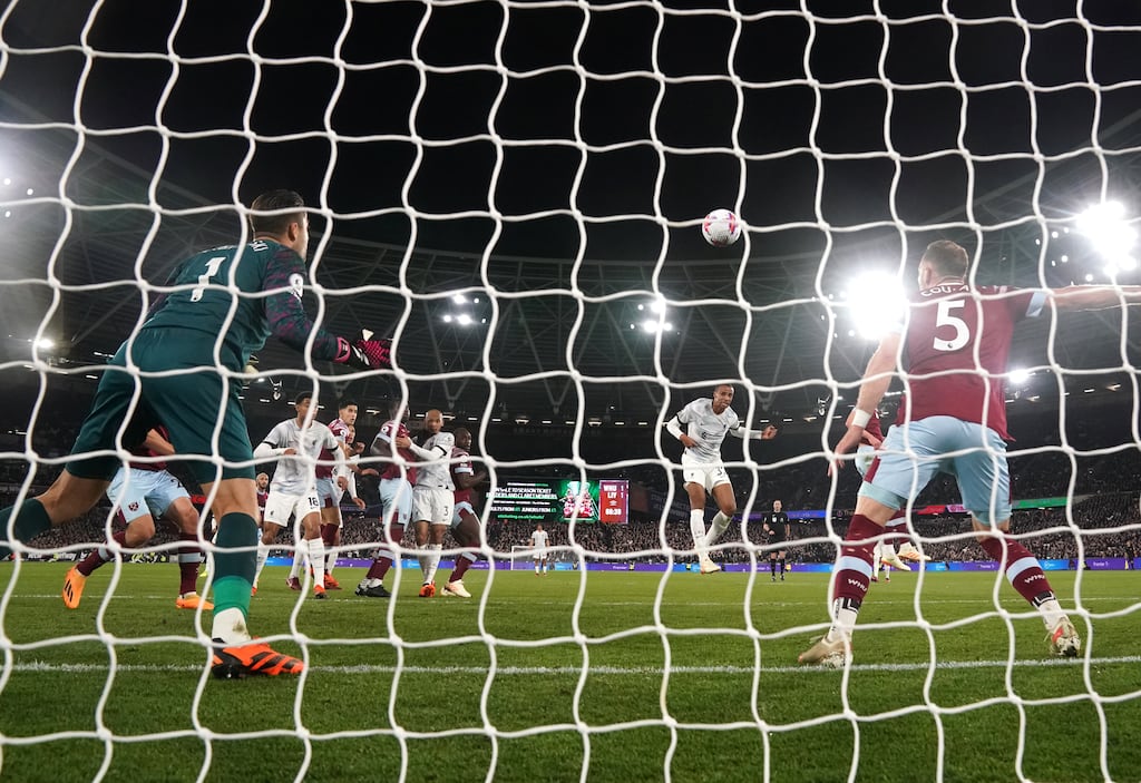 Liverpool's Joel Matip scores his side's second goal at the London Stadium. Photograph: PA