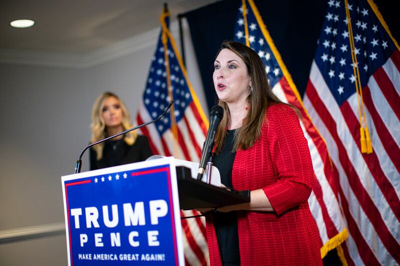 Ronna McDaniel, chair of the Republican National Committee, at a news conference at the Republican National Committee headquarters in Washington on November 9th, in 2020. Photograph: Al Drago/New York Times)
                      