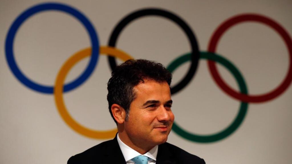 Turkey minister of youth and sports Suat Kilic speaks to the media . Photograph:  Halleran/Getty Images
