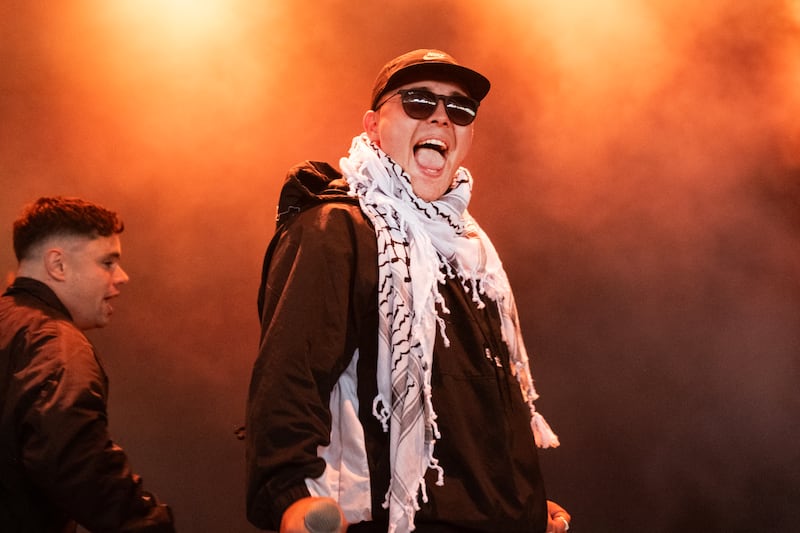 Kneecap's Liam Óg Ó hAnnaidh, who performs under the stage name Mo Chara, on stage during the NorthSide Festival in Aarhus, Denmark, earlier this month. Photograph: Helle Arensbak/Ritzau Scanpix/AFP via Getty