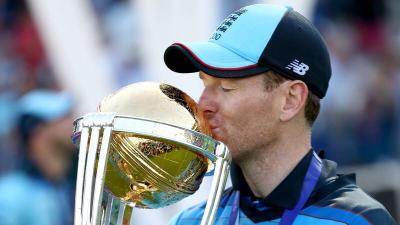 England captain Eoin Morgan, a native of Rush in north Co Dublin, lifts the World Cup after victory over New Zealand at Lord’s in July. Photograph: Michael Steele/Getty Images.